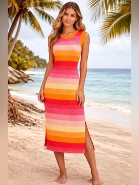 🌸 Pink Lily Colorful Striped Knit Midi Dress